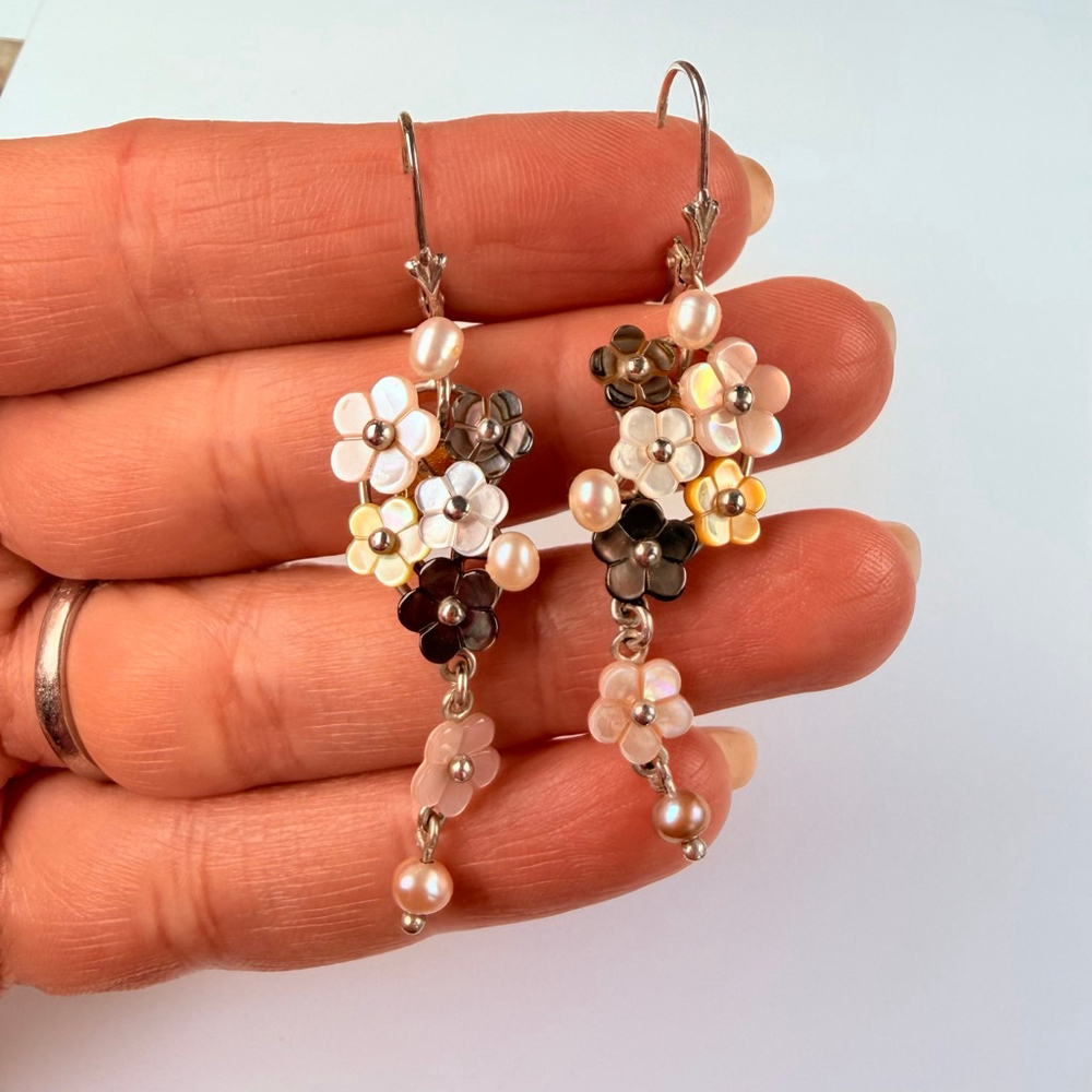 🎉Sold🎉 Whitney Kelly MOP Pearl Mosaic Flower Sterling Silv Dangle Drop Earrings - Picture 7 of 9